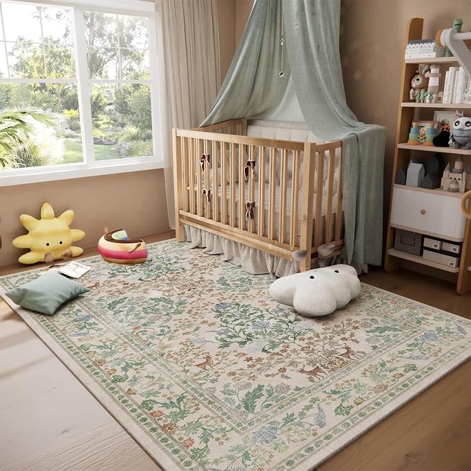 Washable Area Rugs for Living Room: 5x7 Bedroom Rug Vintage Area Rug Stain Resistant Non Slip Low Pile Lightweight Soft Carpets for Dining Room Kitchen Nursery Kids Room Playroom Home Office Indoor