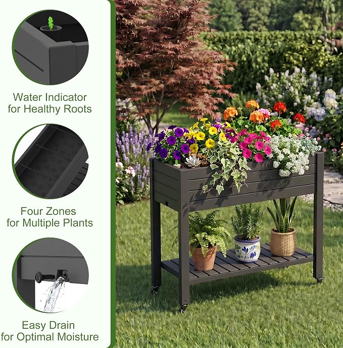 EFU Raised Garden Beds Outdoor, with Wheels for Mobility, Extra Storage Shelf, Water Level Monitoring, 21 Gallon Planter Raised Beds for Vegetables, Herbs, Fruits, Backyard, Patio, Balcony (Black)