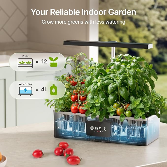 SUNCOZE Hydroponics Growing System Kit with 24W Dimmable LED Light, Black | 12 Pods Indoor Herb Garden with Timer & Local Time Setting, Adjustable Height, Smart Countertop Garden for Home & Kitchen