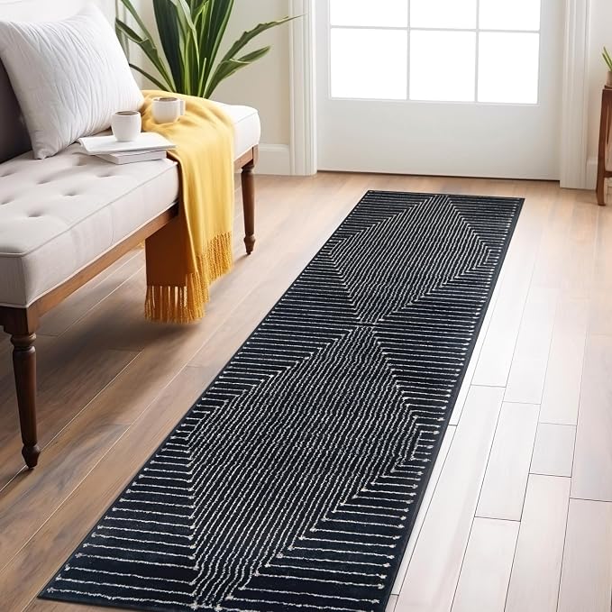 Rugshop Contemporary Bohemian Stripe Runner Rug 2'3" x 8' Black | Jute Backing, Soft Medium Pile, Stain Resistant, No Shedding, Hallway, Kitchen, Entryway, Foyer, Staircase, Corridor