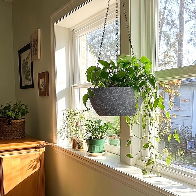 T4U Hanging Planters for Indoor Plants, 10 Inch Hanging Planter Outdoor 2 Pack, Hanging Basket with Drainage Holes, Hanging Plant Holder Indoor, Flower Pots, Plant Pots for Garden, Grey