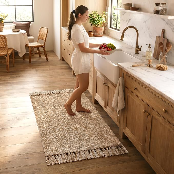 Entryway Door Mat, 27" x 43" Machine Washable Kitchen Rugs, Indoor/Outdoor Low-Profile Doormat Soft Hand-Woven Cotton Bathroom Rug Throw Rugs for Front Back Door Bedroom | Tan/Cream Braided Indoor Outdoor Mats, Soft Washable Bathroom Rug, Small Throw R...