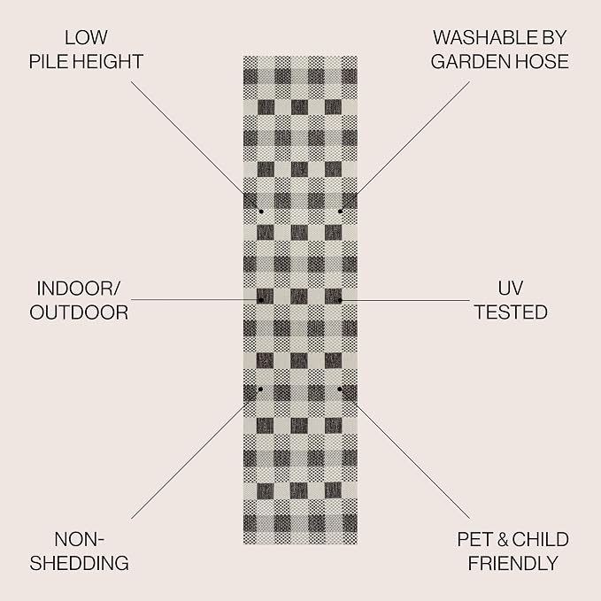 JONATHAN Y Geometric Bold Gingham Indoor Outdoor Runner Rug 2X8 Black/Cream, Darcy Traditional for Backyard, Patio, Porch, Easy-Cleaning, High Traffic, Pet-Friendly, Non-Shedding (TSN201A-28)