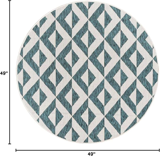 Unique Loom Outdoor Collection Area Rug - Napa (4' 1" Round, Teal/ Ivory)