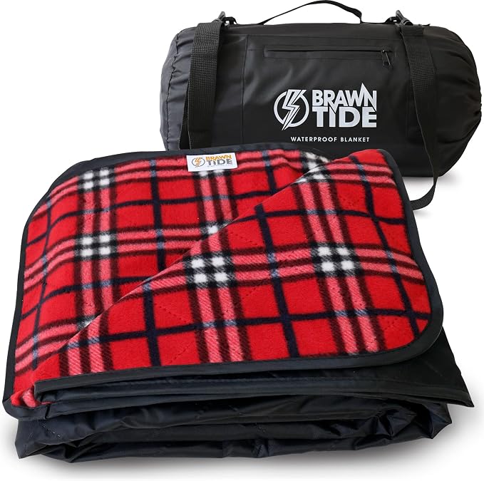 BRAWNTIDE Large Waterproof Outdoor Blanket, Extra Thick Fleece, Warm, Windproof & Sandproof, Quilted Stadium Blanket for Sports Events, Beach, Camping, Picnics, Dogs & Car, 82" x 55
