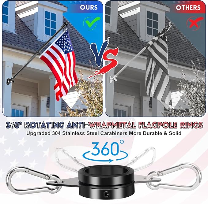 Flag Pole for Outside House Porch Wall Mount, REERON 7 FT No Tangle Stainless Steel Spinning Flagpole Kit with 360° Rotating 1" Metal Flag Pole Rings Clips for 3x5' 4x6' American Flag, Without Bracket