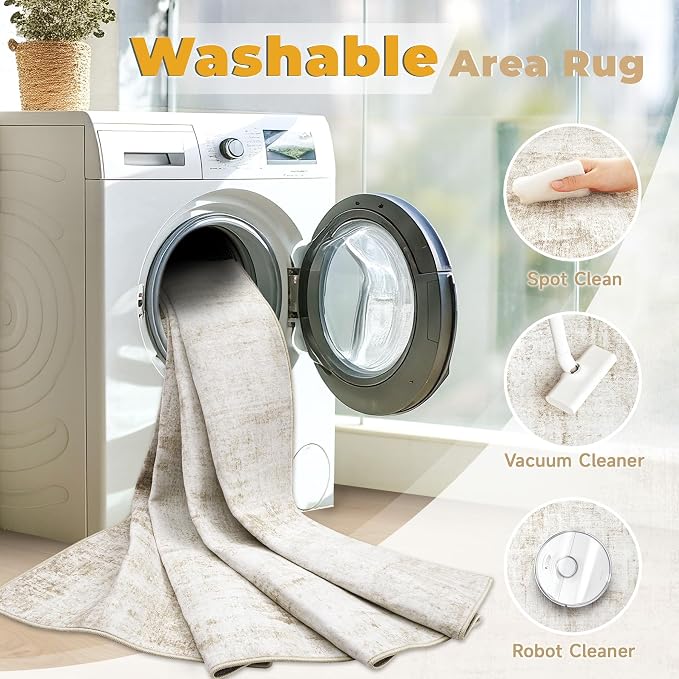 5x7 Area Rugs Washable Rug: Abstract Neutral Rugs Modern Non Slip Area Rug Stain Resistant Low Pile Indoor Carpet for Dining Room Bedroom Nursery Office (Beige, 5'x7')