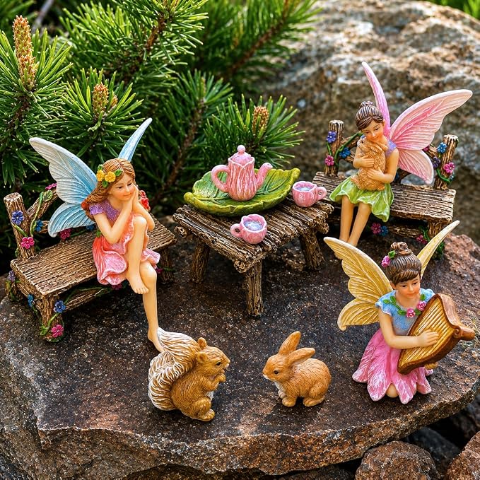 Mood Lab Fairy Garden Figurines - Miniature Decor Set (12 pcs) - Statues & Accessories - Outdoor & Indoor Garden Decor