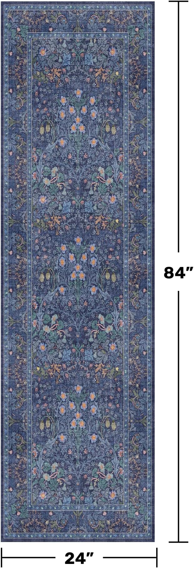 Dark Blue Washable 2x7 Runner Rug Non Slip - Stain Resistant 7ft Long Rug Runners for Bathroom, Kitchen, Entryway, Hallway, Bedroom Bedside - Low Pile Dusky Navy Vintage Floral Décor