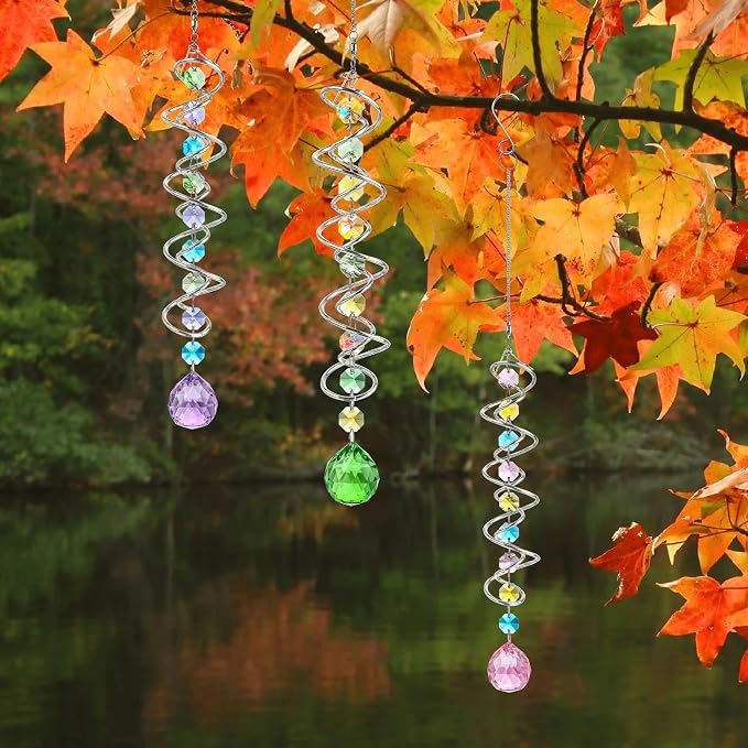 Set of 3 Crystal Suncatcher Spiral Wind Spinner Gazing Ball Decor | Crystal Suncatcher Rainbow Maker with Spiral Tail Hanging for Outdoor Garden Patio Porch Christmas Window Decor