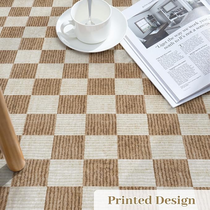 LIVEBOX 8x10 Area Rugs for Living Room, Checkered Non-Slip Washable Rugs, Farmhouse Neutral Classic Geometric Pattern Large Boys Area Rug for Bedroom, Carpet for Dining Room Office(Brown,8'x10')