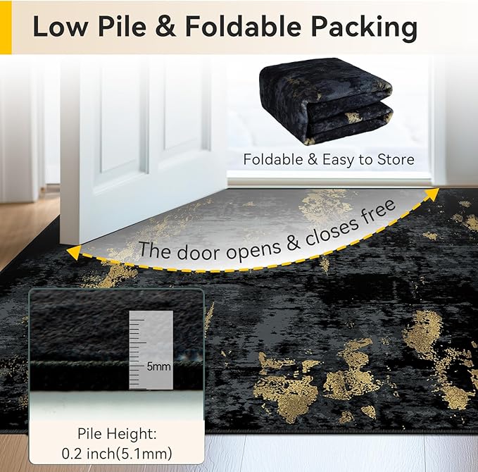 RELEANY Washable 9'x12' Abstract Area Rug for Living Room Black Gold | Carpet for Bedroom, Kitchen, Office, Hallway and Entryway, Printed Pattern, Non‑Slip, Soft, Stain‑Resistant, Easy to Clean