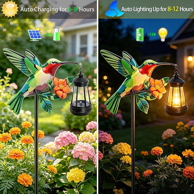 2 Pack Hummingbird Solar Garden lights Outdoor Waterproof, Gifts for Women Mom Grandma Daughter, Stake lights with Solar Lantern, Hanging Solar Lights, Solar Path Light Yard Outside Patio Garden Decor