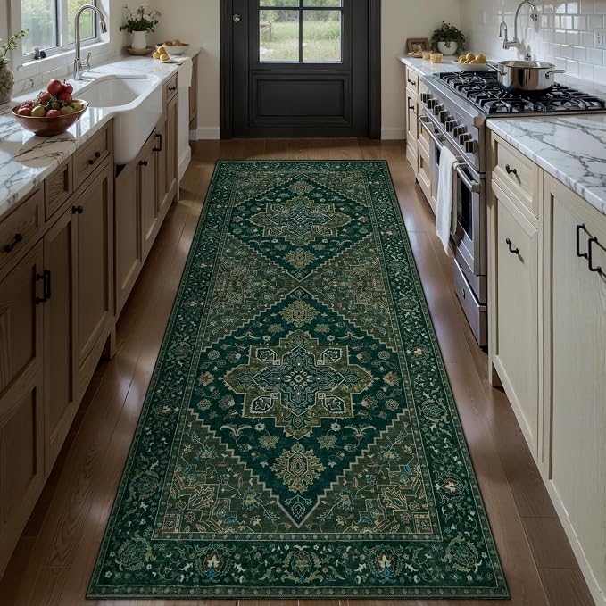 Tangsoo 2x6 Washable Runner Rug for Hallways, Dark Green Non Slip Vintage Runner Rug, Soft Oriental Low Pile Long Rug Runner, Carpet Runners for Kitchen Bedroom Entryway Bathroom Living Room