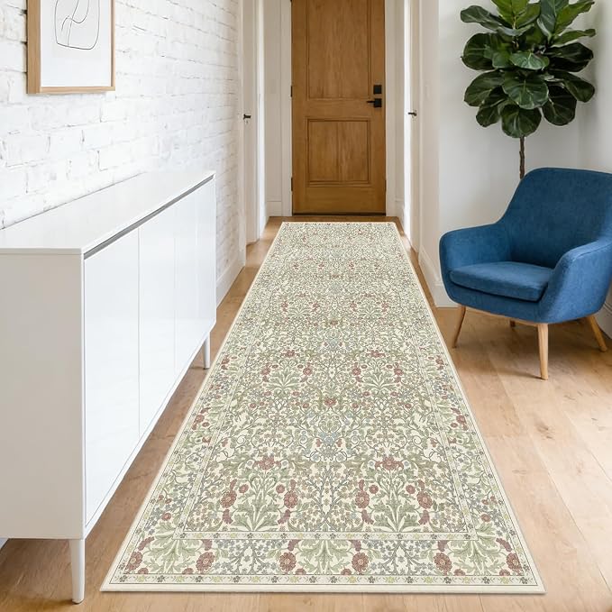 Washable 2'6" x 10' Runners for Hallways, Non Slip Long Floor Runner for Kitchen, Entryway Indoor, Stain Resistant Rubber Backing Floral Decor Rug (Light Green)