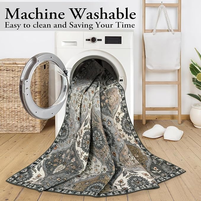 Lahome Moroccan Washable Living Room Rug, 5x8 Rugs for Bedroom Dining Room | Soft Non-Slip Non Shedding Boho Distressed Throw Carpet for Nursery Office Elise, Grey