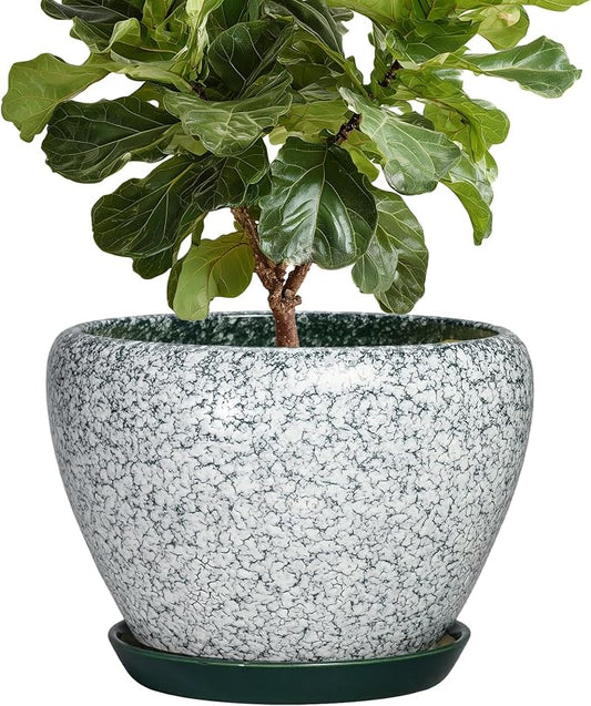 10 Inch Ceramic Planter, Crackle Green | Drainage Hole and Saucer, Indoor Outdoor, Round Modern Design, Garden Decor