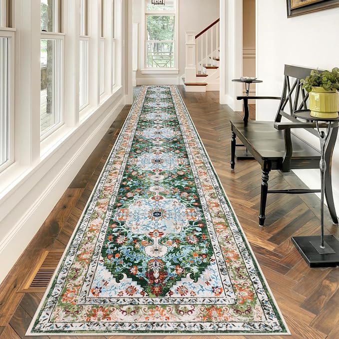 U'Artlines 2.6' x 20' Extra Long Boho Hallway Runner Rug, Green | Non Slip Washable Vintage Farmhouse Accent Area Rug Carpet for Kitchen Entryway Laundry and Living Room