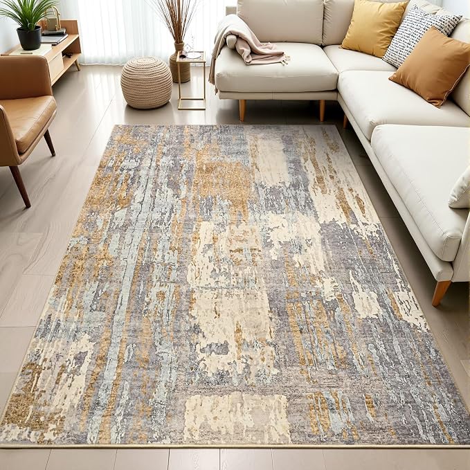 Toneed 4x6 Washable Non Slip Abstract Area Rugs for Bedroom Living Room | Soft Modern Low Pile Rug for Kitchen Hallway Office,Indoor Carpet for Kids Nursery Home Decor, Camel