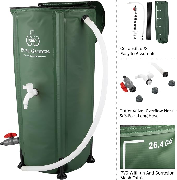 Rain Barrel - 26.4-Gallon/100-Liter Collapsible Water Container for Catching Rainwater - Portable Water Tank with Spigot by Pure Garden (Green