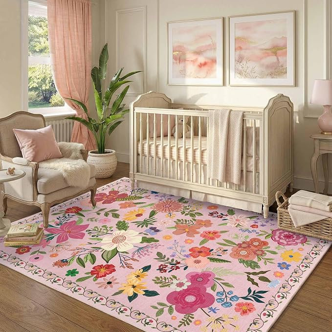 Latte&Fog Washable Pink 4x6 Area Rug for Entryway Cute Floral Rugs | for Girls Bedroom Dining Kitchen Kids Playroom Nursery Classroom Dorm Farmhouse Office, Non Slip Low Pile Soft Floral Carpet
