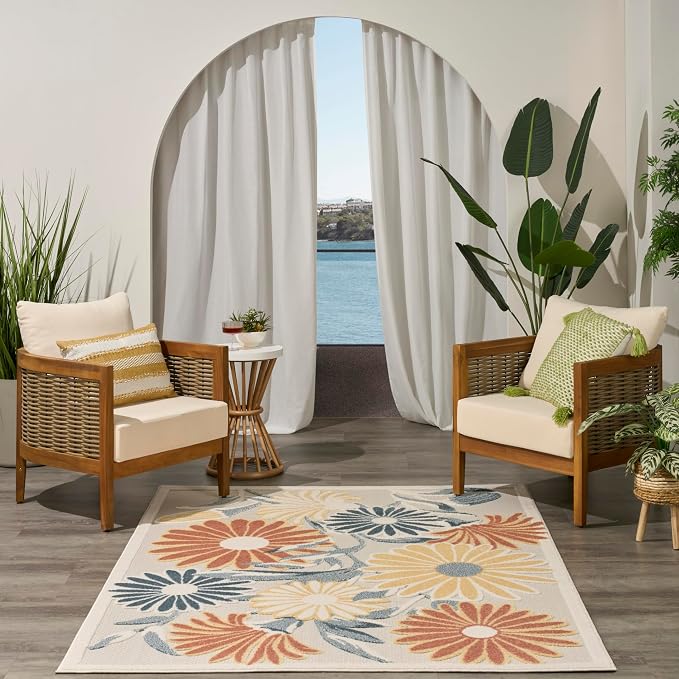 Nourison Home Aloha Ivory Rose 5'3" x 7'5" Area Rug - Easy Clean, Non Shedding, Bed Room, Living Room, Dining Room, Kitchen (5' x 8')