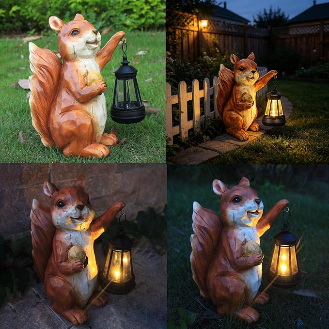 Garden Statue Outdoor, Solar Squirrel Decor Lights, Resin Figurine Squirrel with Solar Light for Patio, Balcony, Yard, Lawn Ornament, Perfect Garden Gift
