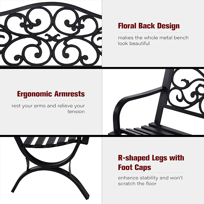 Sophia & William 50" Outdoor Garden Bench Patio Park Bench, Cast Iron Metal Frame Furniture with Floral Design Backrest for Porch Yard Lawn Deck, Black