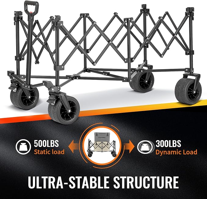 EchoSmile Collapsible Foldable Extended Wagon with 500Lbs Weight Capacity, 300L Folding Utility Wagon Cart with Big All-Terrain Wheels for Beach,Sport,Garden&Grocery (Black)