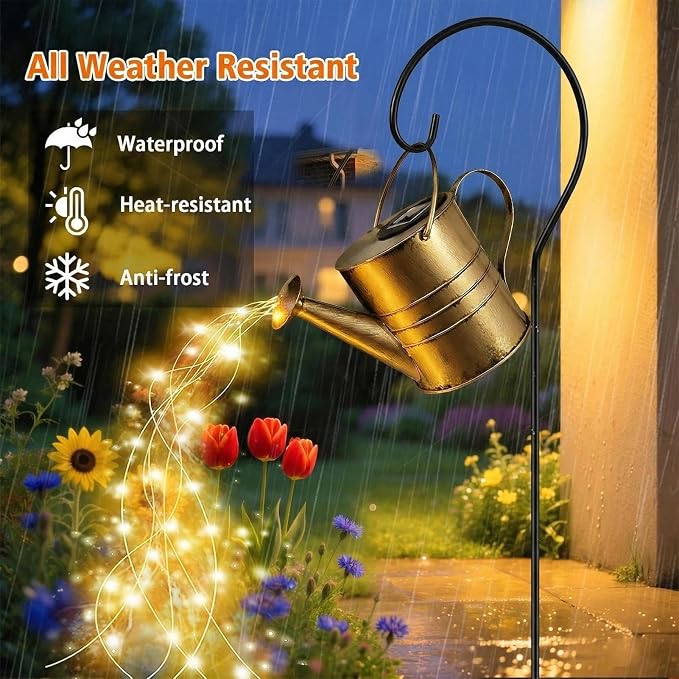 Solar Watering Can Lights Outdoor, Hanging Metal Garden Decor with Cascading Warm White Fairy Lights, Waterproof Yard Patio Lawn Ornament, Gifts for Gardeners
