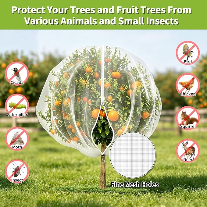 11.8×11.8FT Fruit Tree Netting with Zipper and Drawstring, Heavy Duty Garden Mesh Cover, Reusable Plant Protection Netting Against Birds, Squirrels, Cicadas and Insects