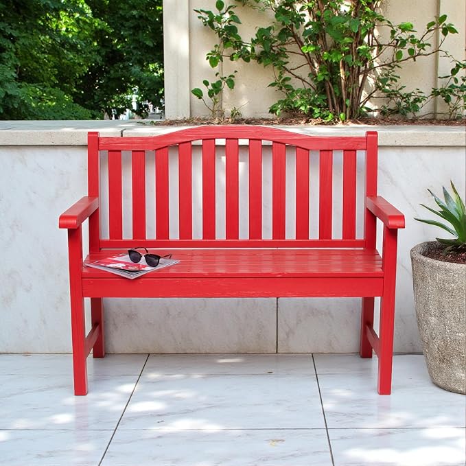Shine Company Belfort Outdoor Solid Wood Patio Garden Bench, Ergonomic Seat, 22" D x 44.75" W x 36" H, Chili Red