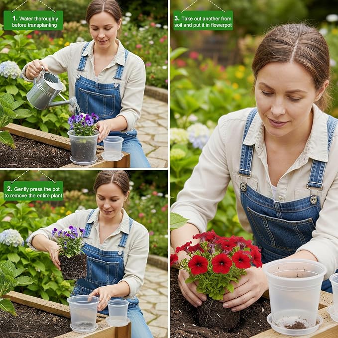 5/6/7/10 Inch Clear Nursery Pots with Drainage & Saucers 16PCS , Plant Large Pots with Labels, Seedling Tool & Hole Puncher, Plastic Nursery Pots for Succulents, Seedings, Herbs, Flowers, Vegetables