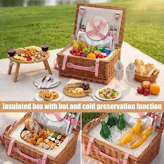 Briwooody Wicker Picnic Basket Set for 4 with Foldable Bamboo Camping Table, Round Bamboo Cutting Board Outdoor Dining Set with Utensils Plates and Blanket for Camping Beach Backyard Party