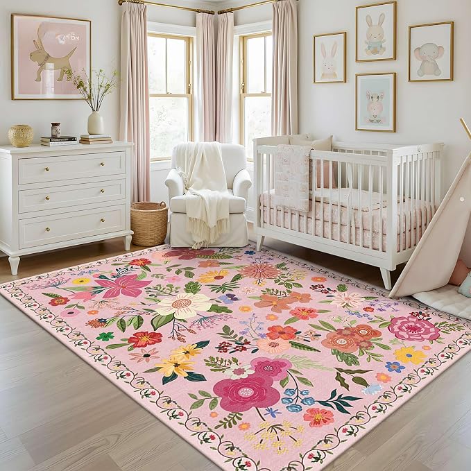 Latte&Fog Washable Living Room Floral Rugs 5x7 Pink Rugs for Girls Bedroom | Non Slip Low Pile Soft Cute Carpet for Dining Kitchen Kids Playroom Nursery Guest Room Classroom Dorm Farmhouse Office