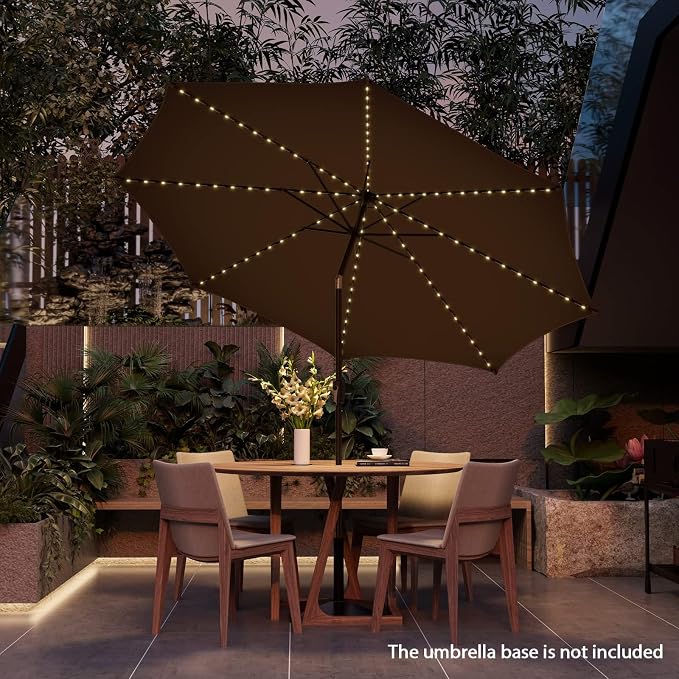 HAPPYGRILL 10 FT Solar Patio Umbrella with 112 LED Light, Outdoor Umbrella with Tilt Adjustment, Crank System, 8 Metal Ribs & Vented Top, Deck Table Market Umbrella for Garden Pool Deck Yard