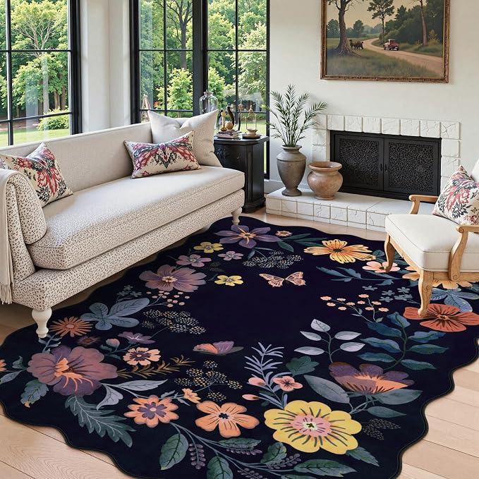 Lahome Floral Washable Rugs for Living Room, Soft 5x7 Area Rugs Ultra-Thin | Non-Slip Bedroom Rug Stain Resistant Boho Low-Pile Throw Carpet for Dining Room Office Flore (5x7ft, Purple)