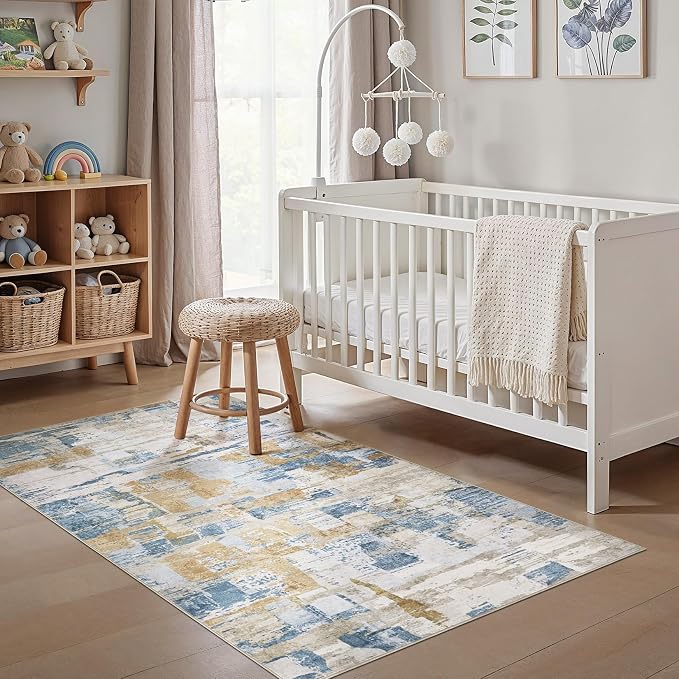 kakania Abstract 3x5 Area Rugs for Living Room: Washable Rugs Blue | Soft, Non-Slip, Low-Pile, Pet & Kid Friendly - Modern Home Decor Carpet for Bedroom/Dining Room/Office/Nursery