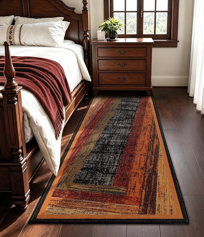 Brown Geometric Woody Runner Rug 2x6,Vintage Bedroom Rug,Retro Farmhouse Rugs Washable for Hallway Non Slip, Boho Area Rug for Kitchen,Dining Room,Living Room,Bedroom