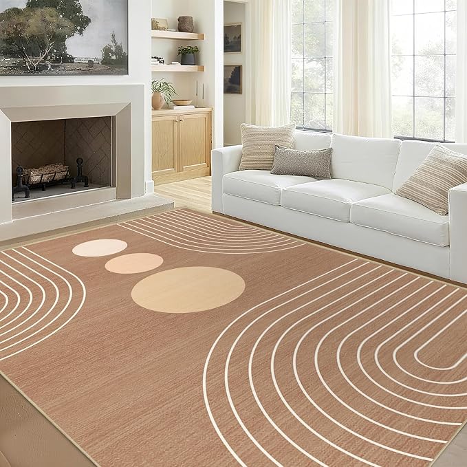 Area Rug 5x7 Boho Modern Minimalist Geometric Abstract Rug Brown Mid Century Modern Rug for Living Room Machine Washable Non-Slip Printed Low Pile Indoor Carpet for Bedroom Dining Room Office Brown