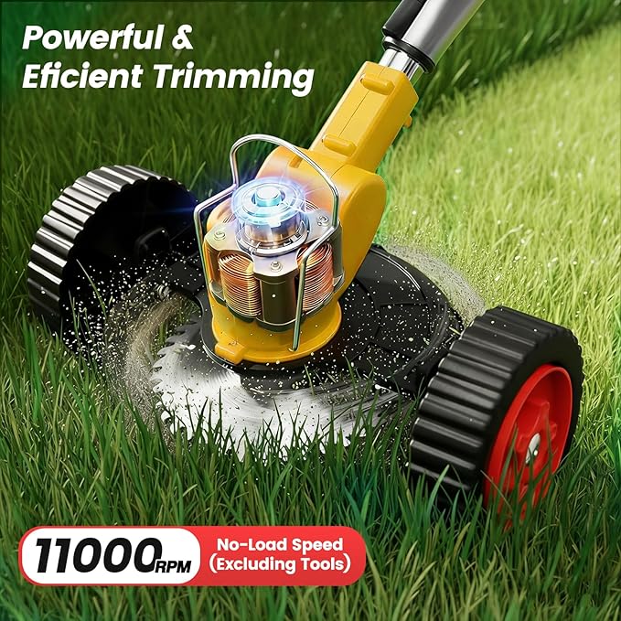 24V Cordless Weed Wacker with 2×2000mAh Batteries & Fast Charger, 3-in-1 Lightweight Brush Cutter/Lawn Edger/Grass Trimmer, 5 Types Blades & Wheels for Yard Garden Maintenance