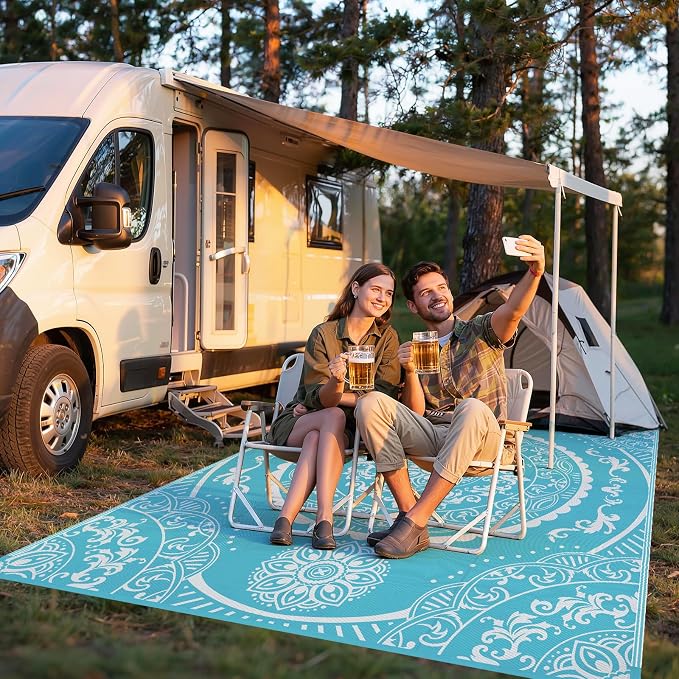Pauwer Waterproof Outdoor Rug 8x10, Reversible Plastic Straw Patio Camping Rug, Indoor Outdoor RV Mat Carpet for Deck, Camper, Porch, Balcony, Backyard, Picnic, Paisley Teal