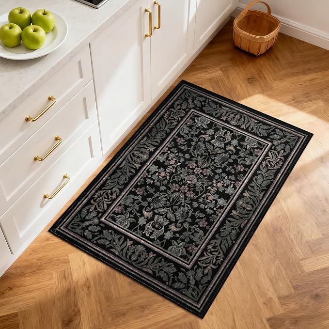 GarveeHome Small Area Rugs 2x3 Non Slip Washable Entryway Rug, Black | Boho Vintage Front Door Mat Soft Low-Pile Stain Resistant Indoor Throw Carpet for Kitchen Bathroom Bedroom Decor