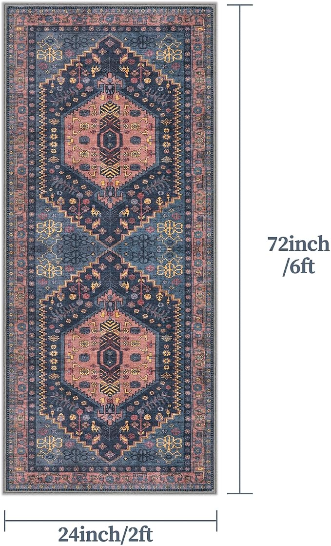 Ciicool Washable Non Slip Runner Rug,2x6ft Vintage Hallway Kitchen Rugs | Soft Oriental Indoor Mat Navy Boho Entry Carpet for Entrance Bedroom Bedside Living Room Laundry Bathroom Decor
