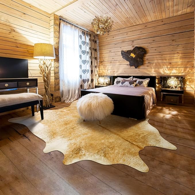 Cow Hide Rug for Living Room,5x6 Washable Khaki Cow Print Area Rugs, Non Slip Faux Animal Skin Hide Carpet for Living Room Bedroom Office, Western Rustic Farmhouse Home Decor