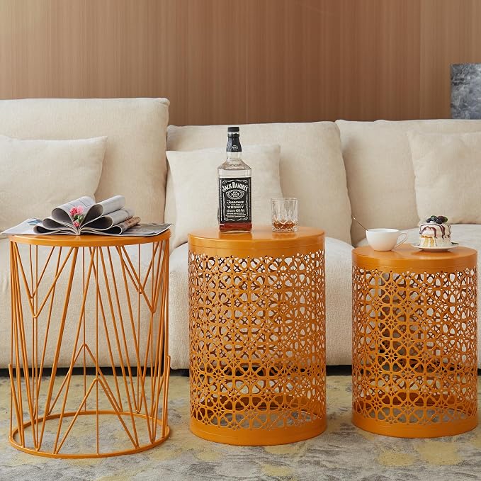 Y&M Outdoor Side Tables Set of 3, Metal Stacking Accent Tables, Round Patio Side End Tables for Outside, Poolside, Garden, Balcony, Indoor & Outdoor, Orange