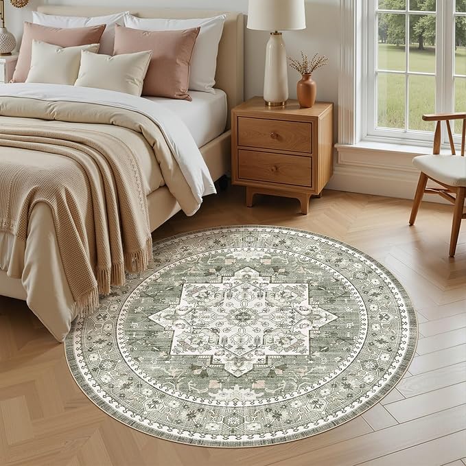 Washable Area Rug-8X8 Vintage Neutral Soft Green | Non Slip Thin Foldable Large Floor Carpet for Living Room Bedroom Kitchen Dining Room Home Office Farmhouse Indoor