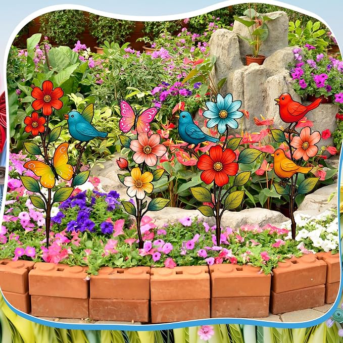4 Pack Garden Decor for Outside Metal Flowers Garden Stakes Spring Decor 15'' Decorative Colorful Flowers Birds Butterfly Yard Art Rust Proof Plant Sticks for Yard Lawn Pathway Patio Outside