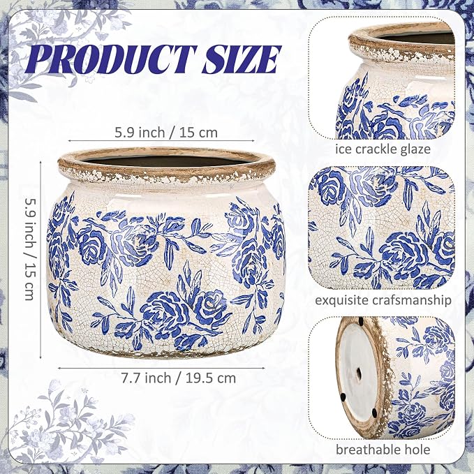7.7" Large Vintage Ceramic Plant Pot Blue White Rose Crackle Glaze Rustic Flowers Pot Decorative Planter with Drainage for Indoor Outdoor Plants Kitchen Office Home Decor Gift