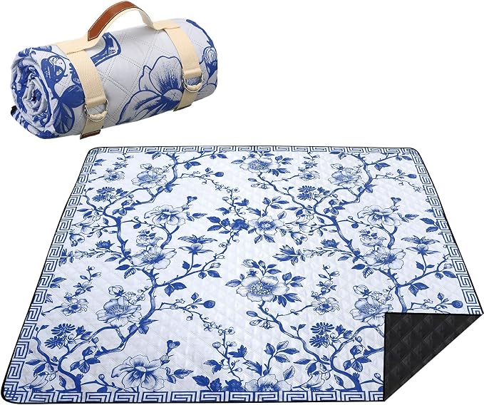 Newwiee 80 x 80 Inch Blue and White Floral Picnic Blanket Extra Large Outdoor Chinoiserie Picnic Mat with Carry Strap Waterproof Sandproof Blanket Foldable Portable for Beach Camping Grass Lawn Park